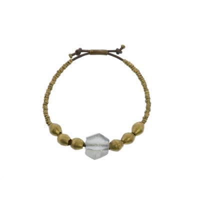 Seaglass Beaded Brass Bracelet - Grey