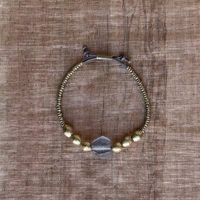 Seaglass Beaded Brass Bracelet - Grey