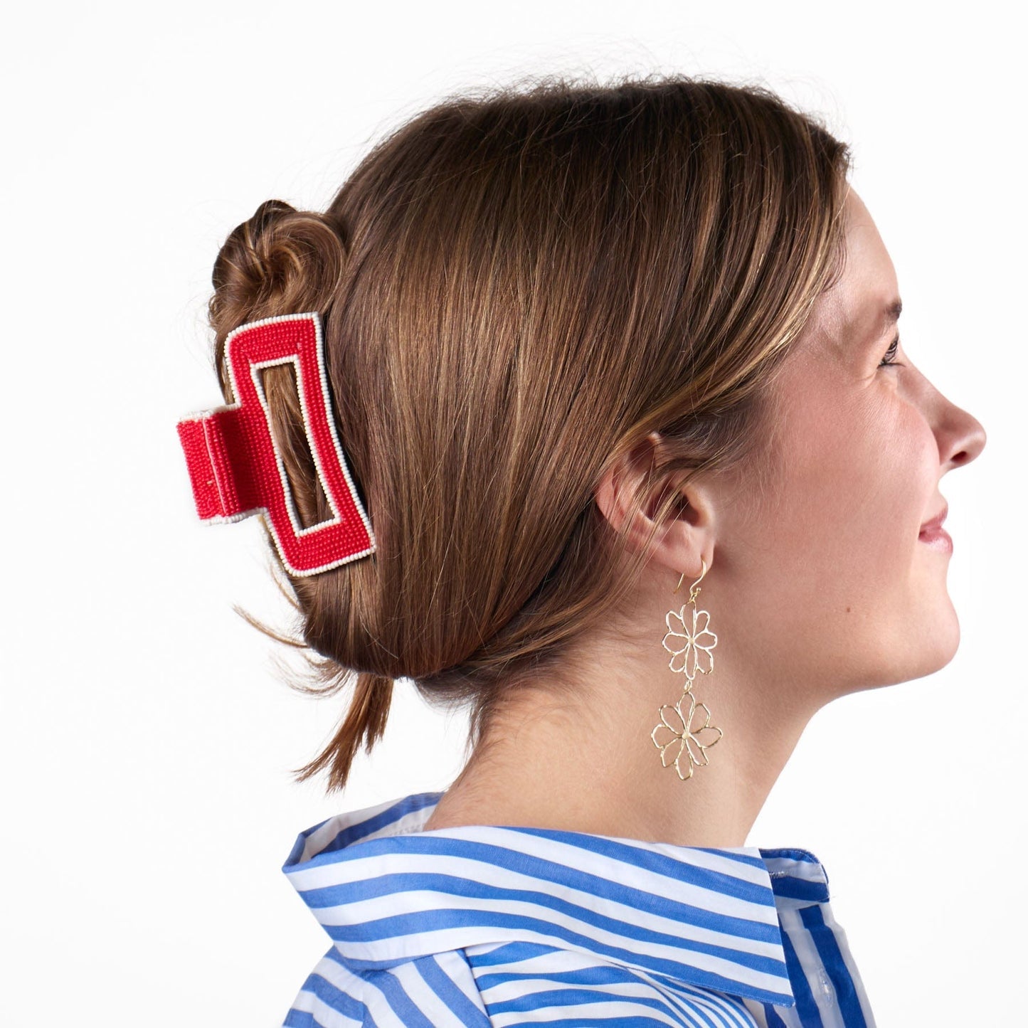 Farrah Double Flower Drop Earrings Brass With Ivory Enamel Centers