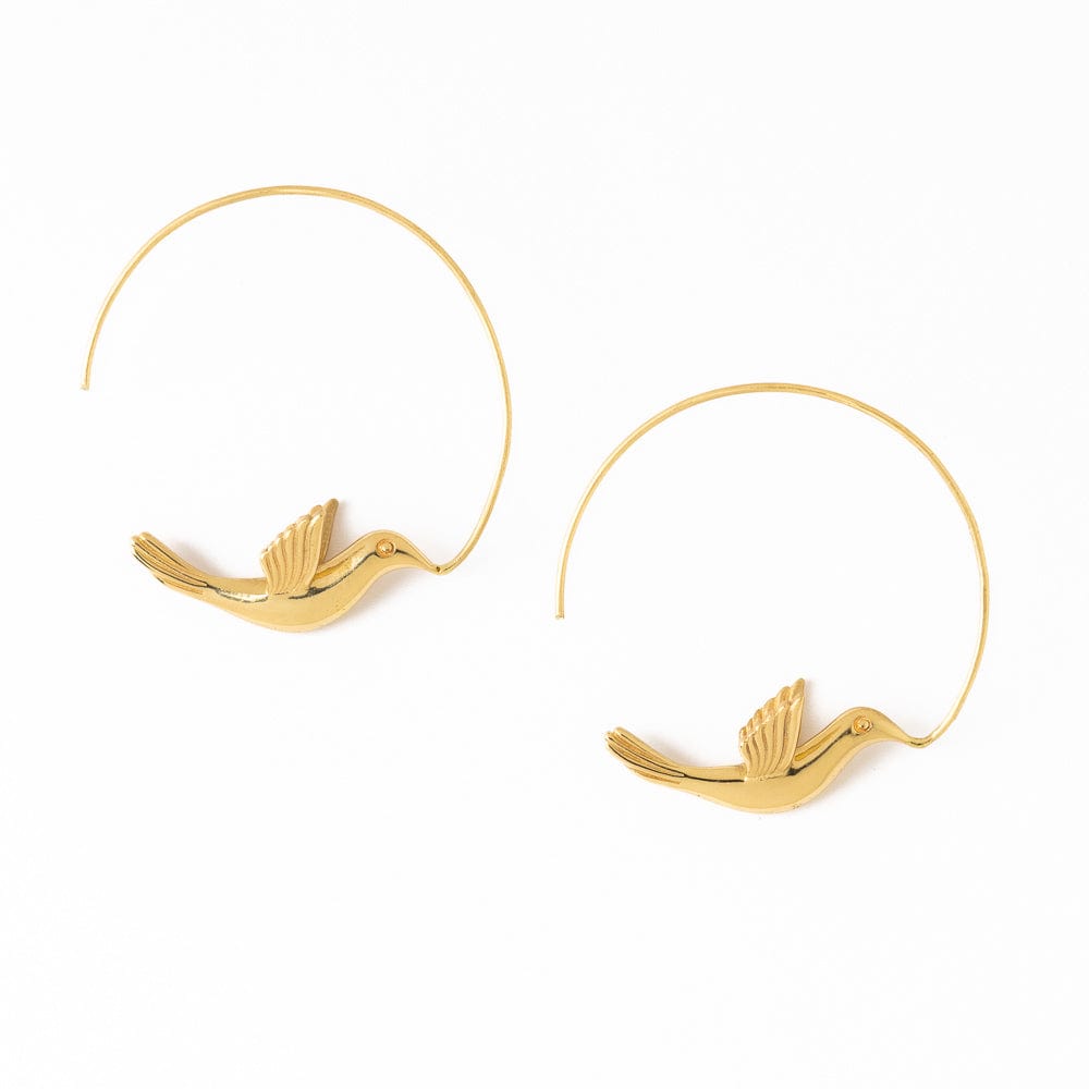 Wren Bird Hoop Earrings Brass