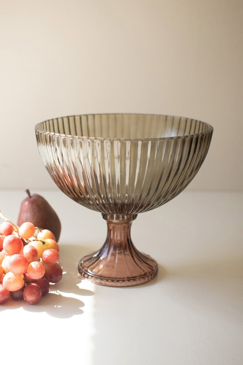 Multi-Colored Ribbed Glass Compote