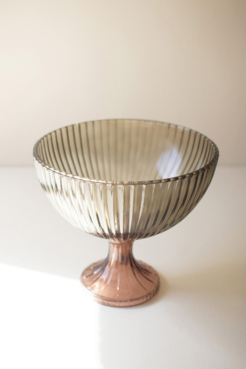 Multi-Colored Ribbed Glass Compote