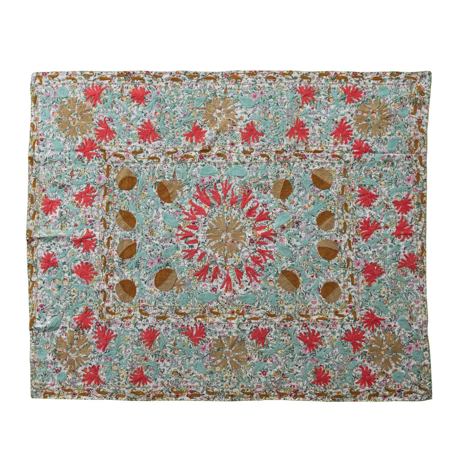 Stonewashed Cotton Voile Two-Sided Throw with Suzani Pattern & Hand-Embroidered Kantha Stitch