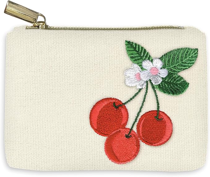 Lady Jayne Coin Purse Small Embroidered Lined Canvas Pouch with Gold Metal Zipper Pull, 5" x 3.5", Cherries