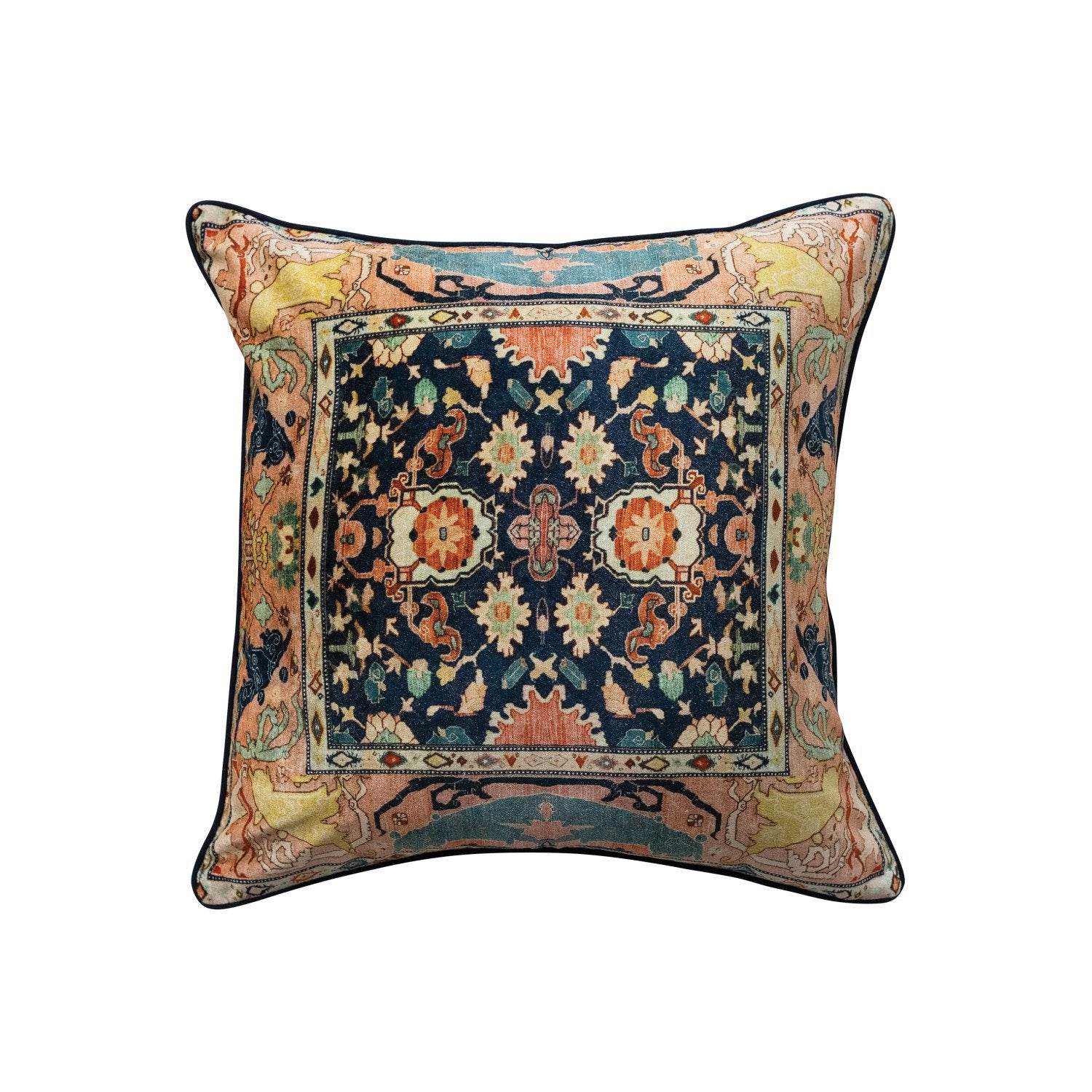 20" Square Cotton Velvet Pillow with Vintage Carpet Pattern & Piping