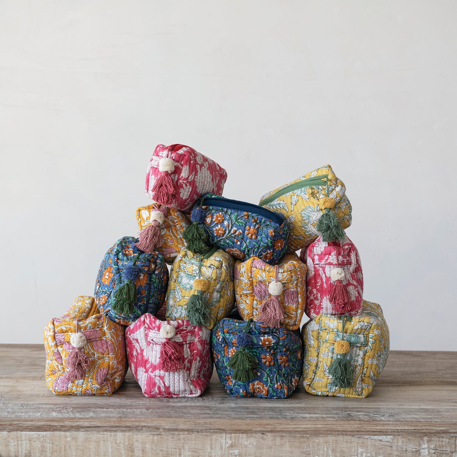 Quilted Cotton Voile Block Zip Pouches with Interior Lining, Set of 3, 4 Colors