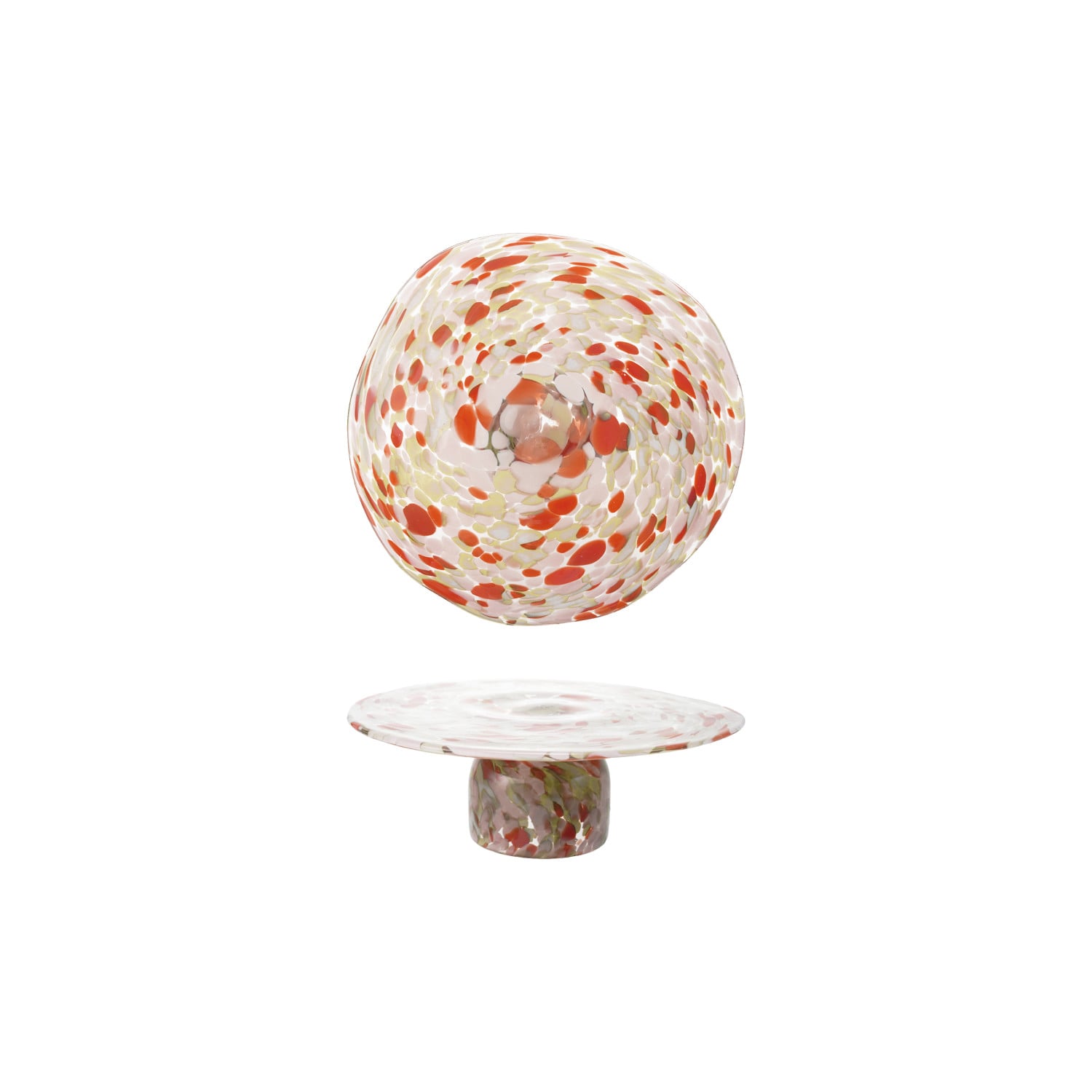 Hand-Blown Confetti Glass Pedestal, Orange Color, Pink & Yellow