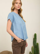 Chambray Henley Ruched Shoulder Short Sleeve Top