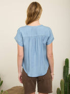 Chambray Henley Ruched Shoulder Short Sleeve Top