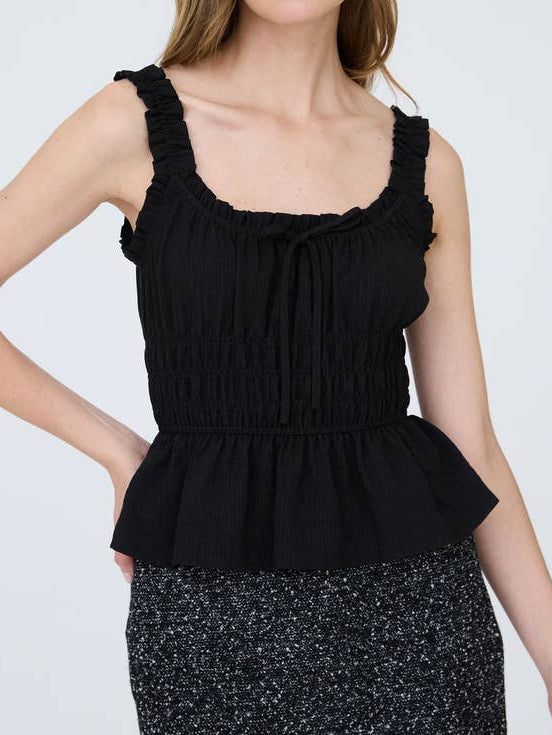 Ruffled Front Tie Shirred Waist Tank Top