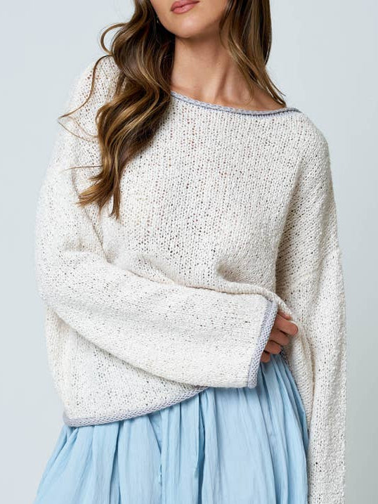 Boat Neck Contrast Trim Long Sleeve Knit Sweater (Pre-Order)