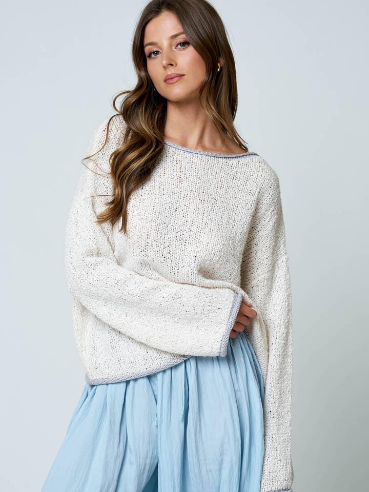 Boat Neck Contrast Trim Long Sleeve Knit Sweater (Pre-Order)