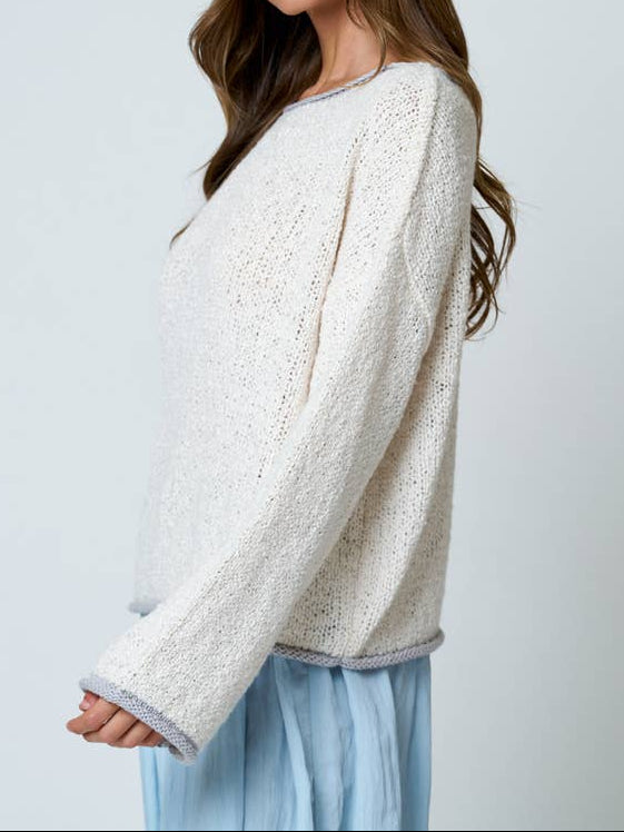 Boat Neck Contrast Trim Long Sleeve Knit Sweater (Pre-Order)