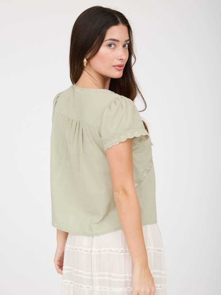 Scalloped Embroidered Front Tie Lace Trim Top