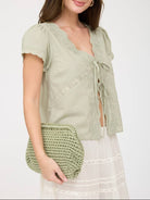 Scalloped Embroidered Front Tie Lace Trim Top