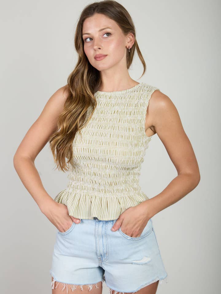 Stripe Sleeveless Smocked Blouse