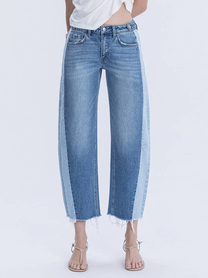 High Rise Two Tone Barrel Leg Jeans F6041