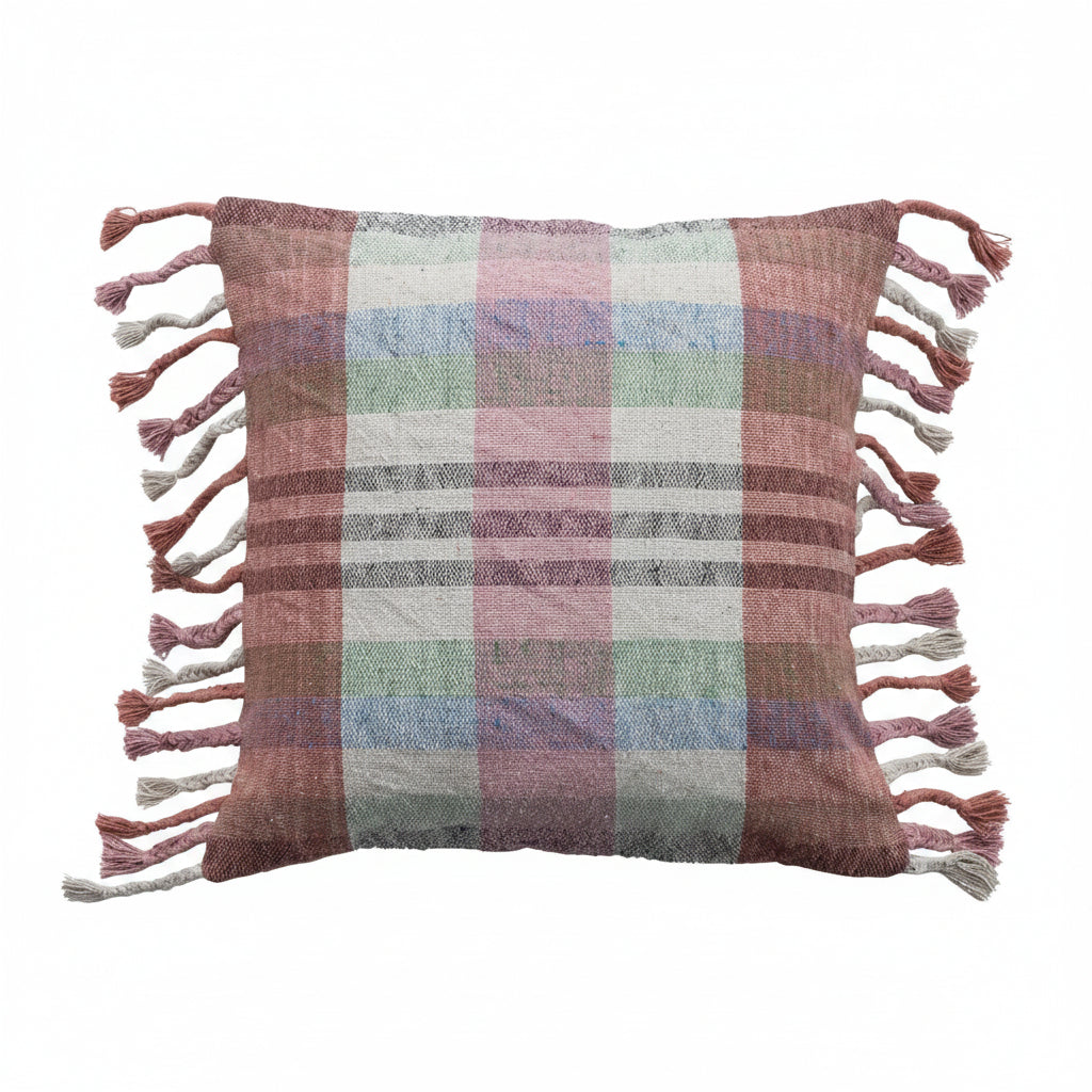 20" Square Woven Recycled Cotton Blend Pillow w/ Braided Fringe