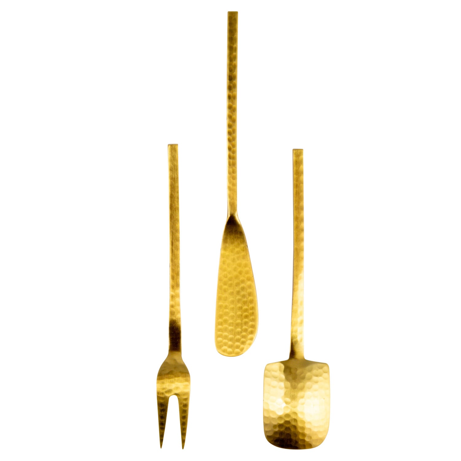 Hammered Stainless Steel Appetizer Utensils, Gold Finish, Set of 3 in Drawstring Bag