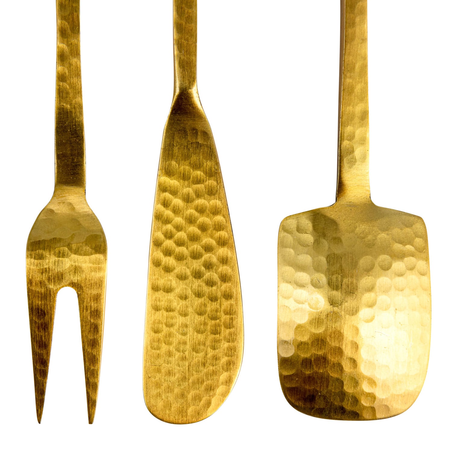 Hammered Stainless Steel Appetizer Utensils, Gold Finish, Set of 3 in Drawstring Bag