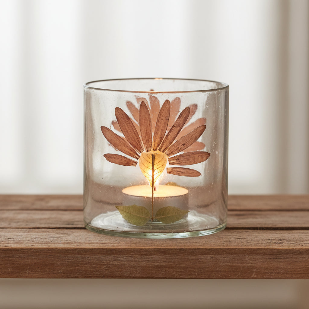 Votive Holder with Embedded Natural Gerbera Daisy (Each Will Vary)