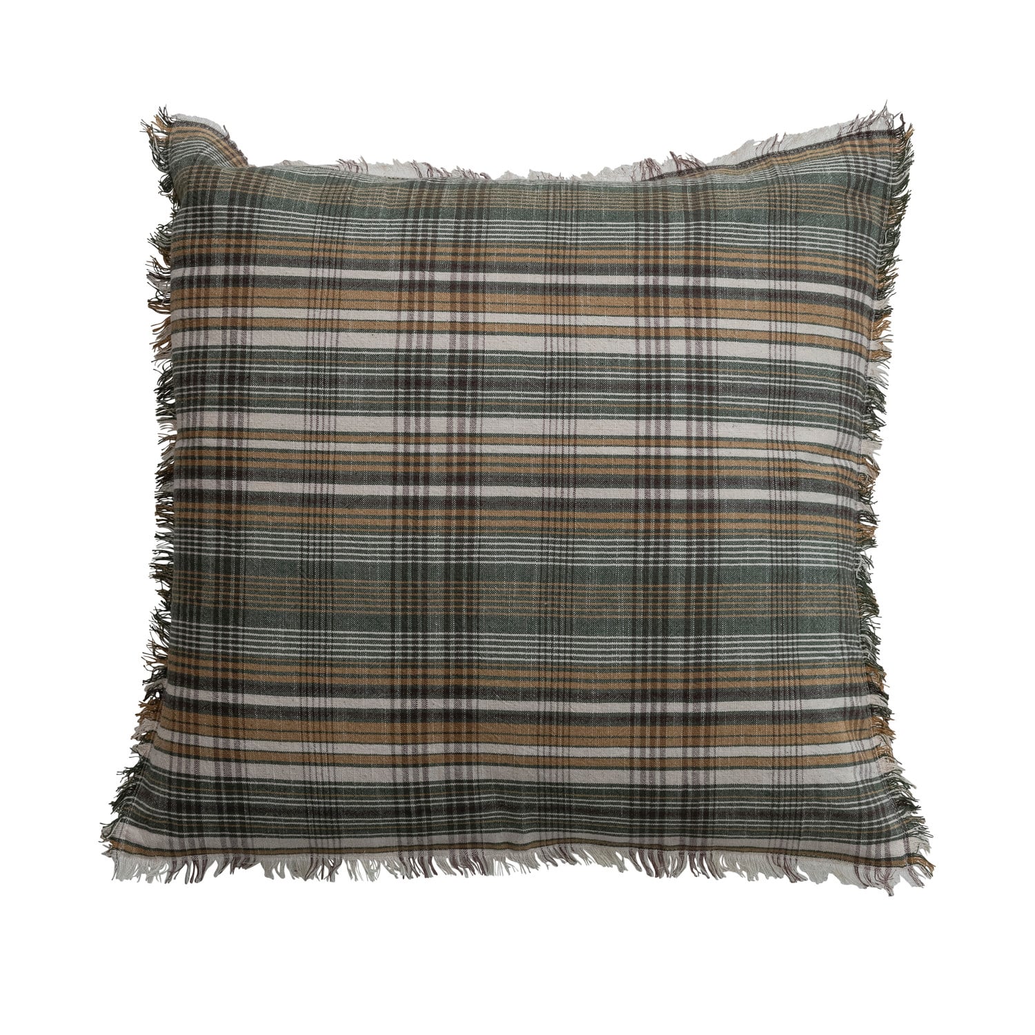 20" Square Woven Linen & Cotton Pillow with Plaid Pattern & Eyelash Fringe