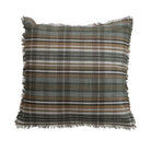20" Square Woven Linen & Cotton Pillow with Plaid Pattern & Eyelash Fringe