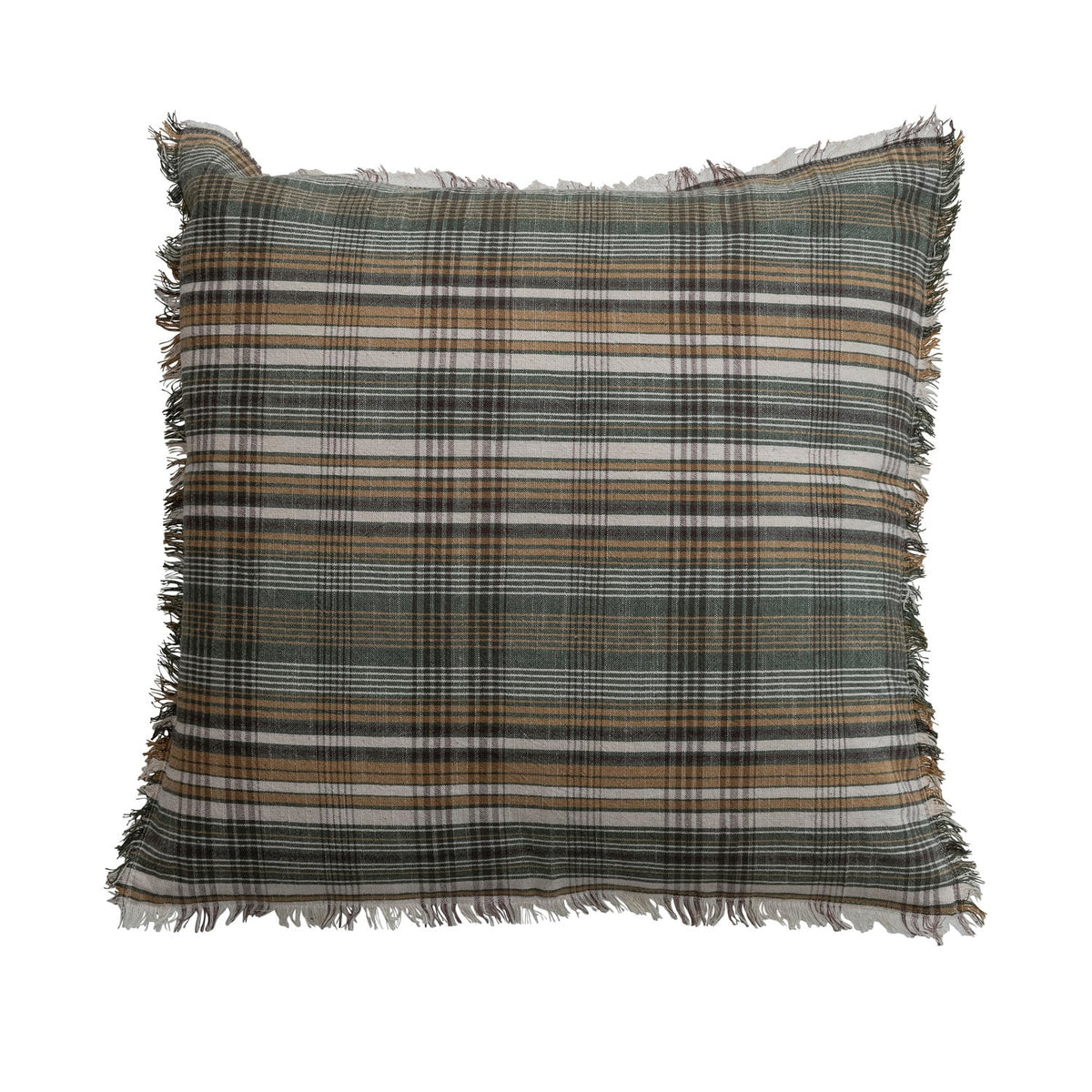 20" Square Woven Linen & Cotton Pillow with Plaid Pattern & Eyelash Fringe