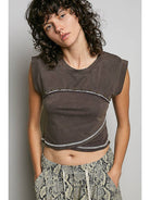 Slim Fit Round Neck Outseam Overlock Stud Cotton Jersey Top