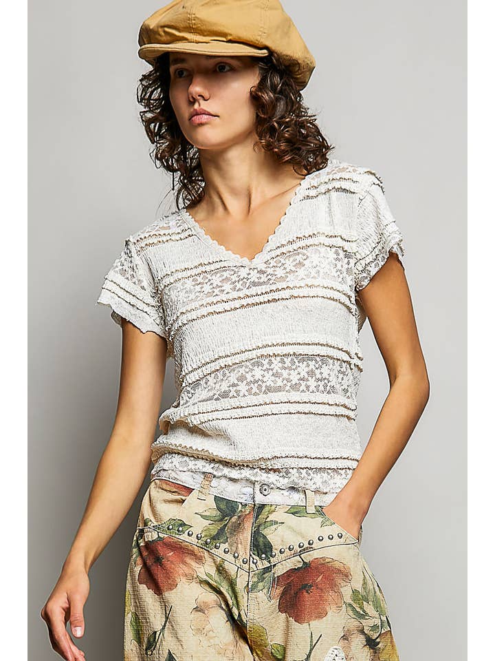 Feminine Lace V Neck Short Sleeve Top Trim Raw Edge