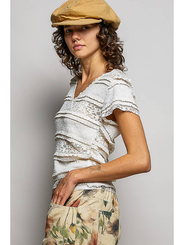 Feminine Lace V Neck Short Sleeve Top Trim Raw Edge