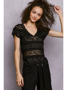 Feminine Lace V Neck Short Sleeve Top Trim Raw Edge