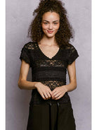 Feminine Lace V Neck Short Sleeve Top Trim Raw Edge