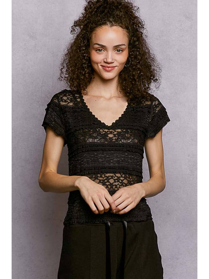 Feminine Lace V Neck Short Sleeve Top Trim Raw Edge