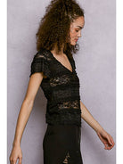 Feminine Lace V Neck Short Sleeve Top Trim Raw Edge