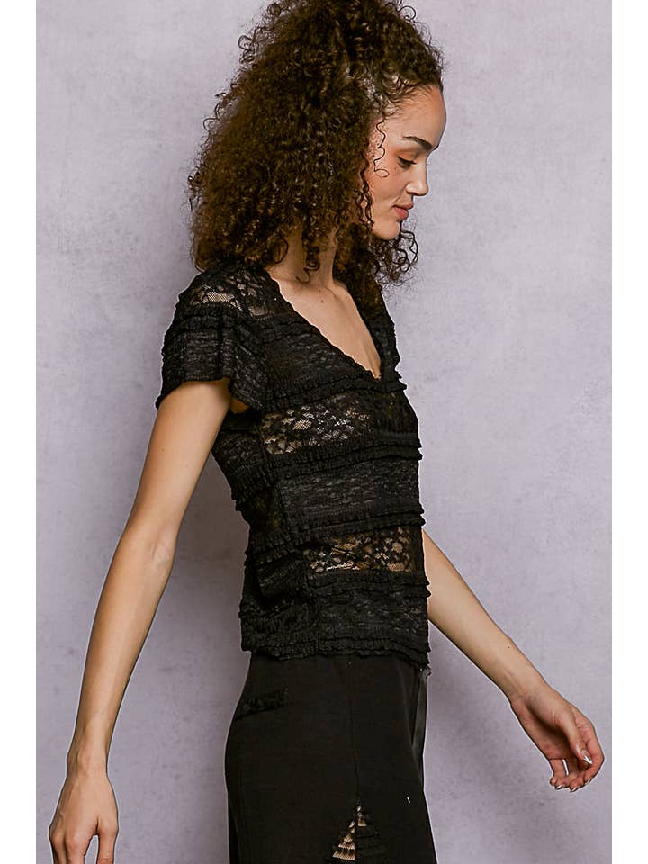 Feminine Lace V Neck Short Sleeve Top Trim Raw Edge