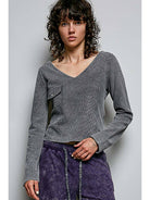 Long Sleeve Small Flap Pocket Texture Ribbed Soft Knit Top