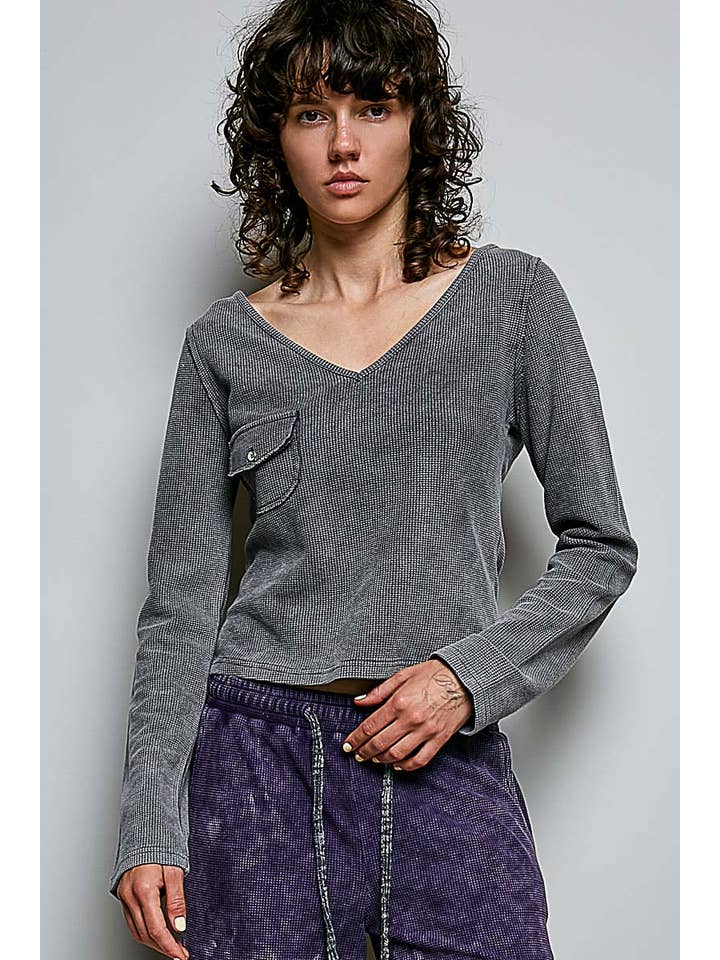 Long Sleeve Small Flap Pocket Texture Ribbed Soft Knit Top