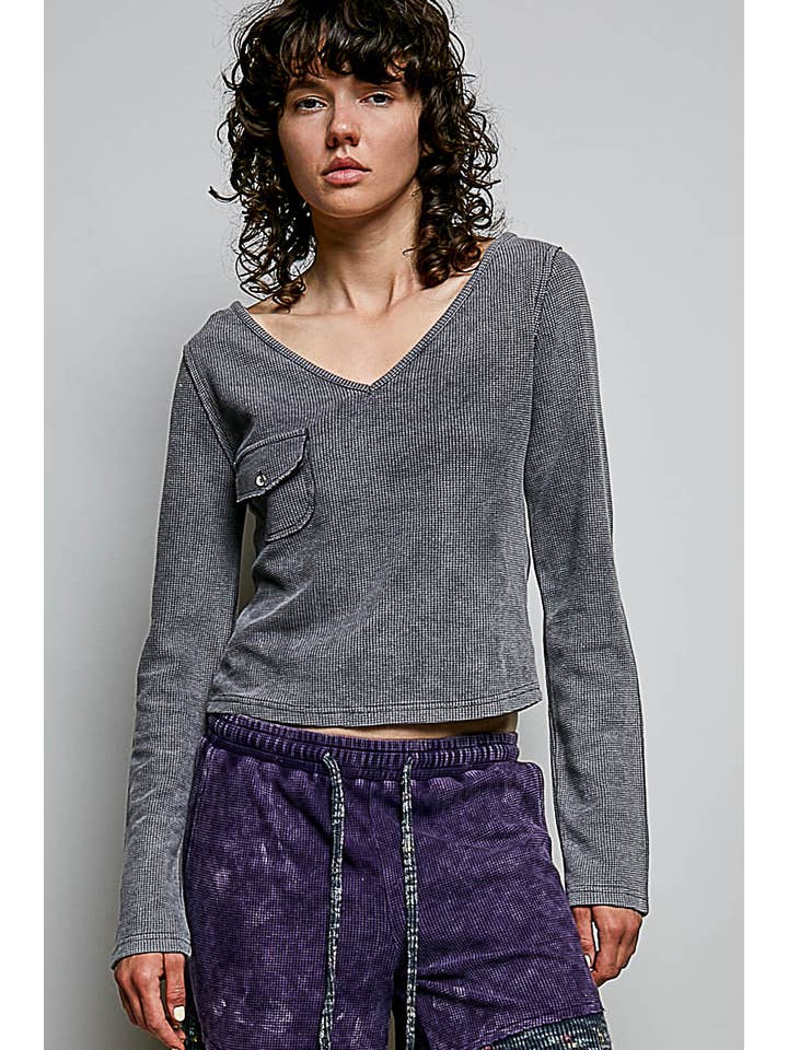 Long Sleeve Small Flap Pocket Texture Ribbed Soft Knit Top