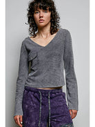Long Sleeve Small Flap Pocket Texture Ribbed Soft Knit Top