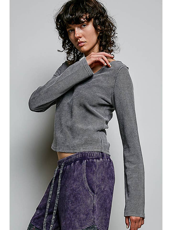 Long Sleeve Small Flap Pocket Texture Ribbed Soft Knit Top
