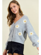 Floral Applique Button Down Sweater Cardigan - 10786J