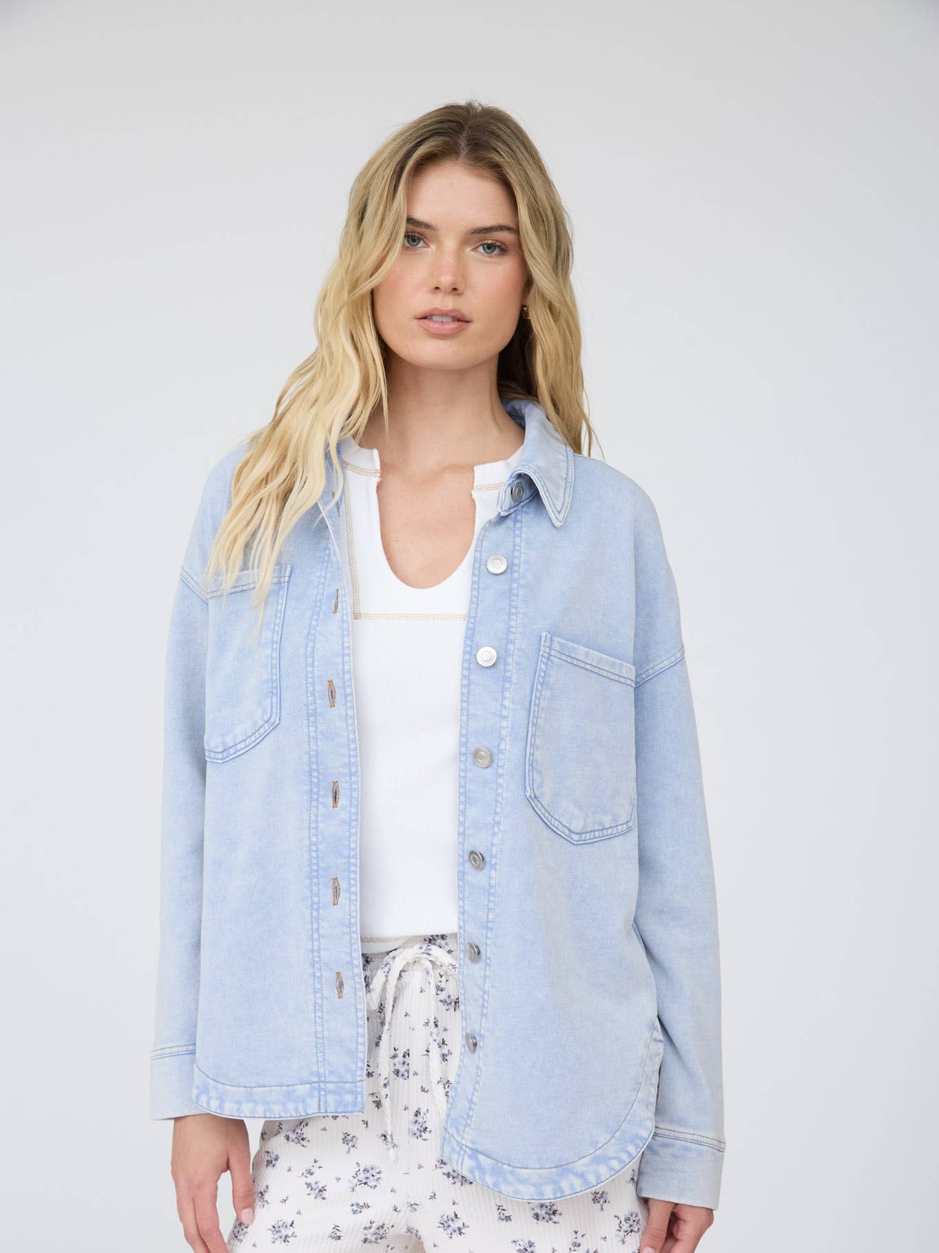 Acid Washed Collared Button Down Knit Shacket