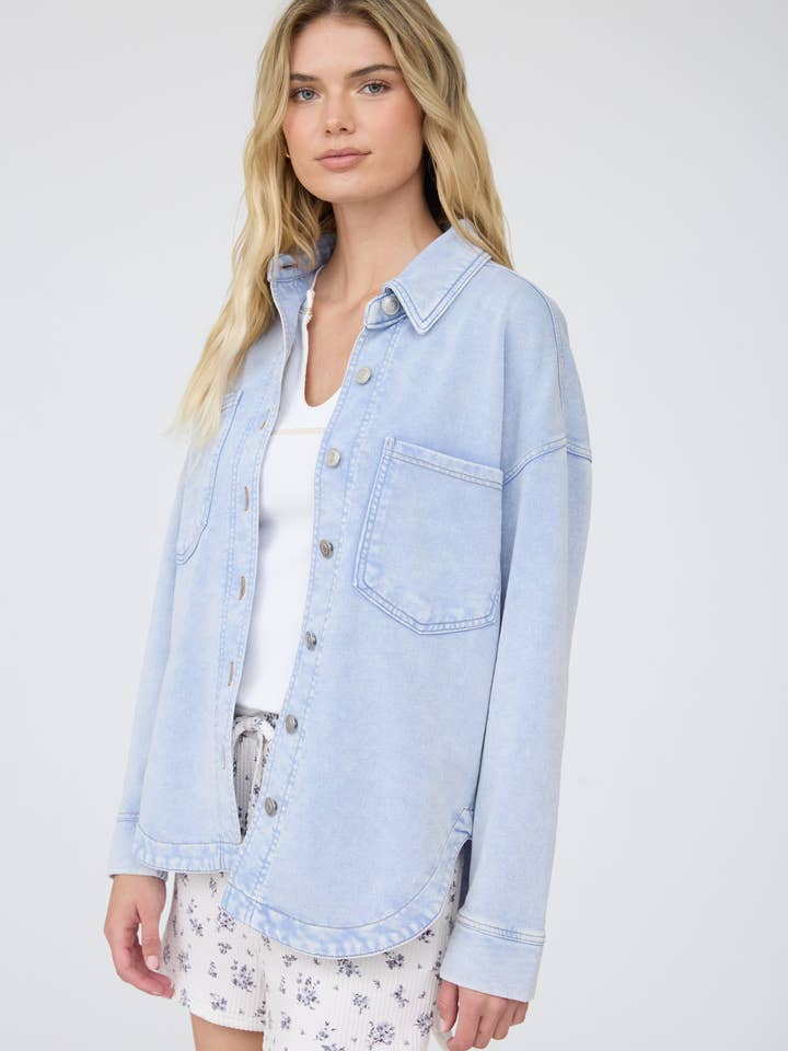Acid Washed Collared Button Down Knit Shacket