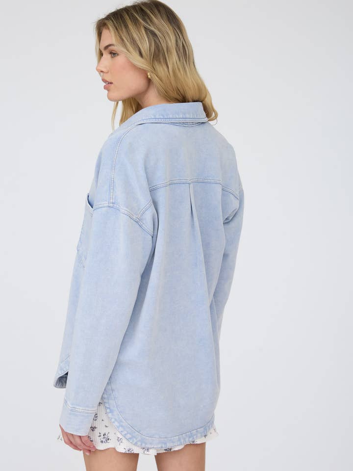 Acid Washed Collared Button Down Knit Shacket