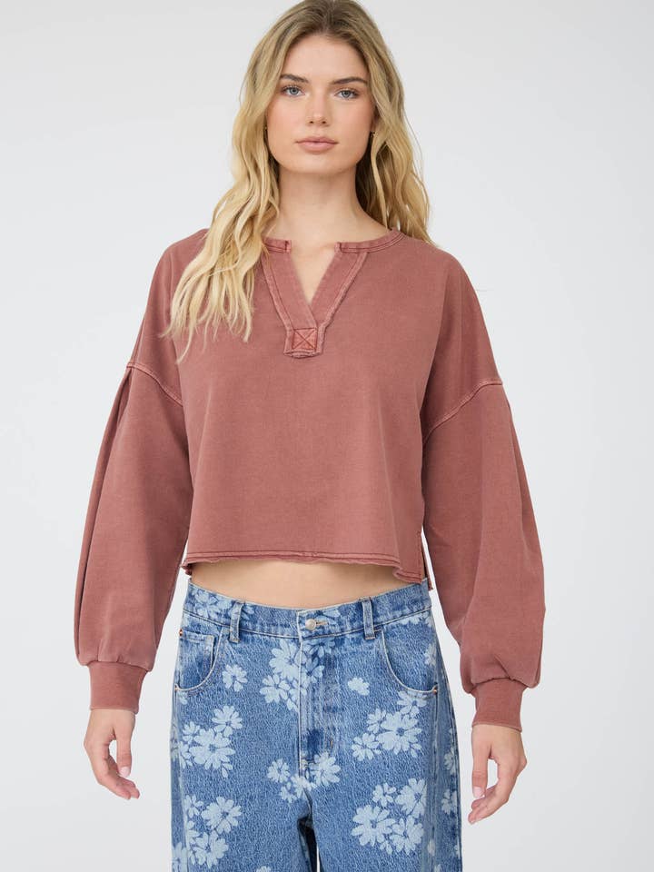 Notch Neck Boxy Long Sleeve Knit Crop Top