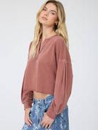 Notch Neck Boxy Long Sleeve Knit Crop Top