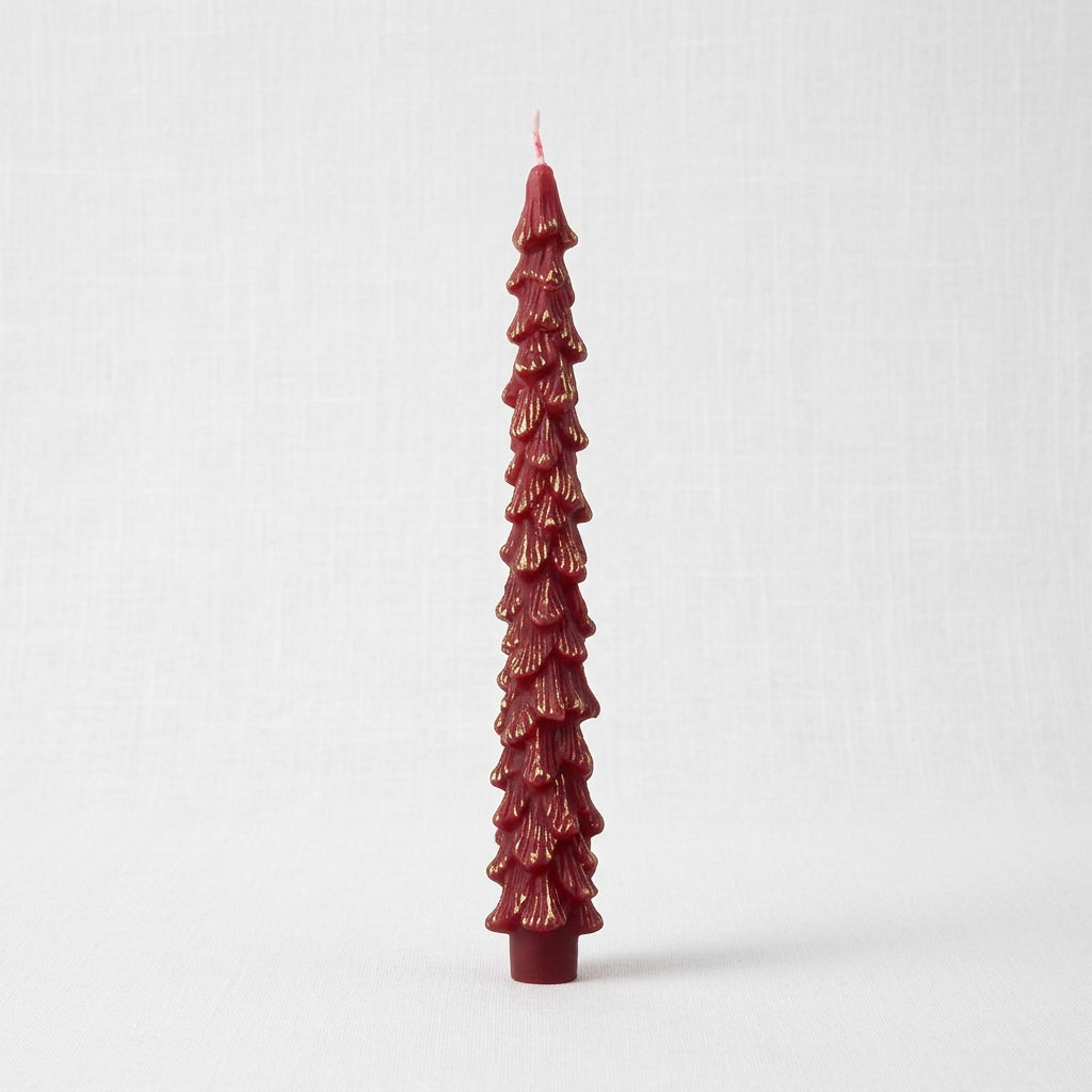 Unscented Tree Shaped Taper Candles with Gold Tips in Box, Burgundy, Set of 2