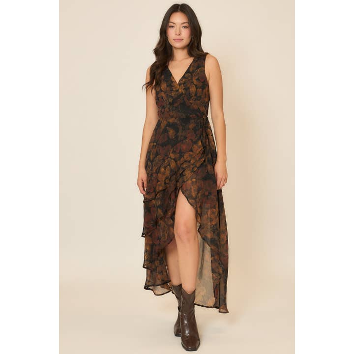 Sleeveless Floral Wrap Highlow Surplice Midi Dress