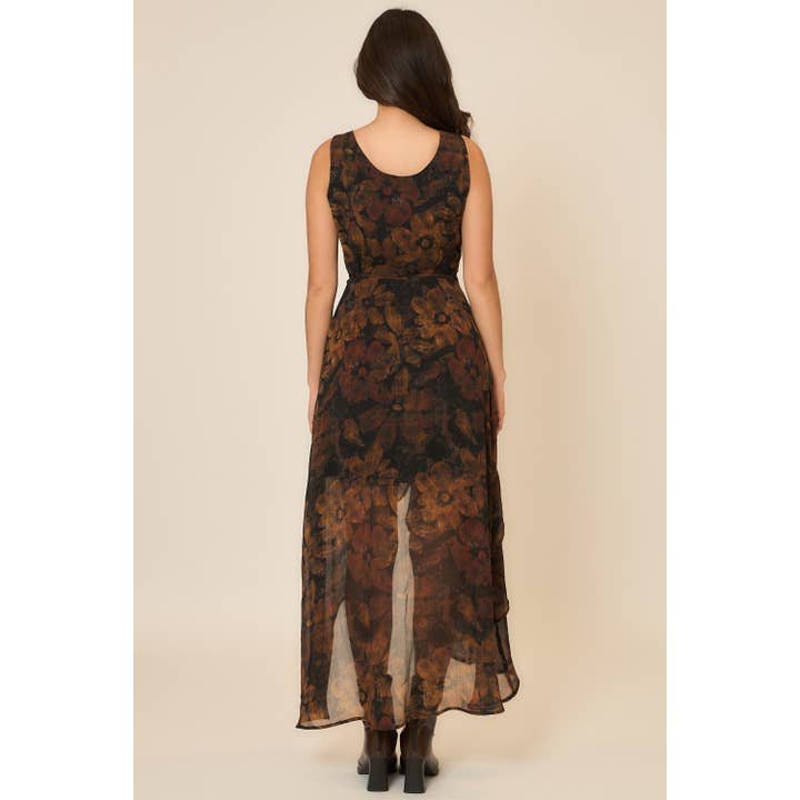 Sleeveless Floral Wrap Highlow Surplice Midi Dress